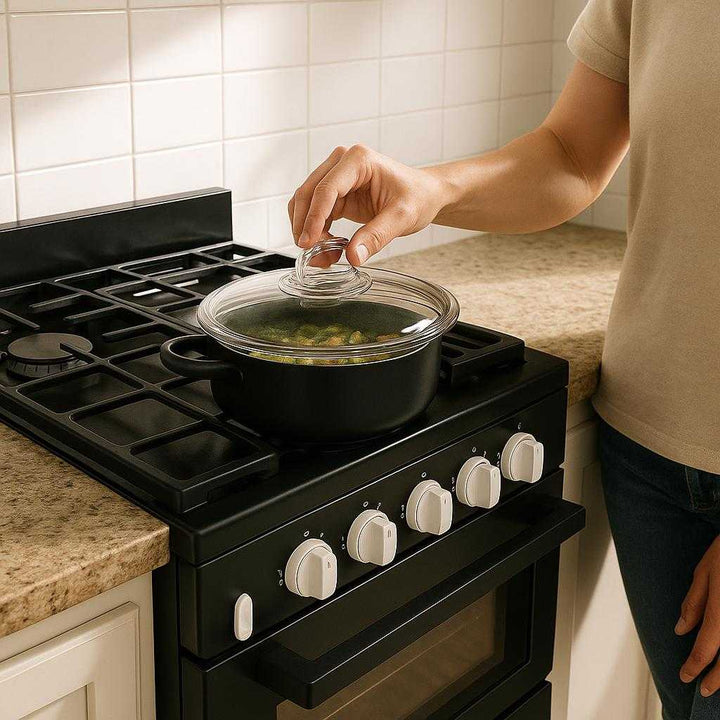 Gennemsigtig låg i plastik, metal og gummi - Sikker og holdbar løsning til hjemmet: A realistic kitchen setting where the transparent lid is properly grounded on a countertop beside a stove, used by a person cooking a meal.