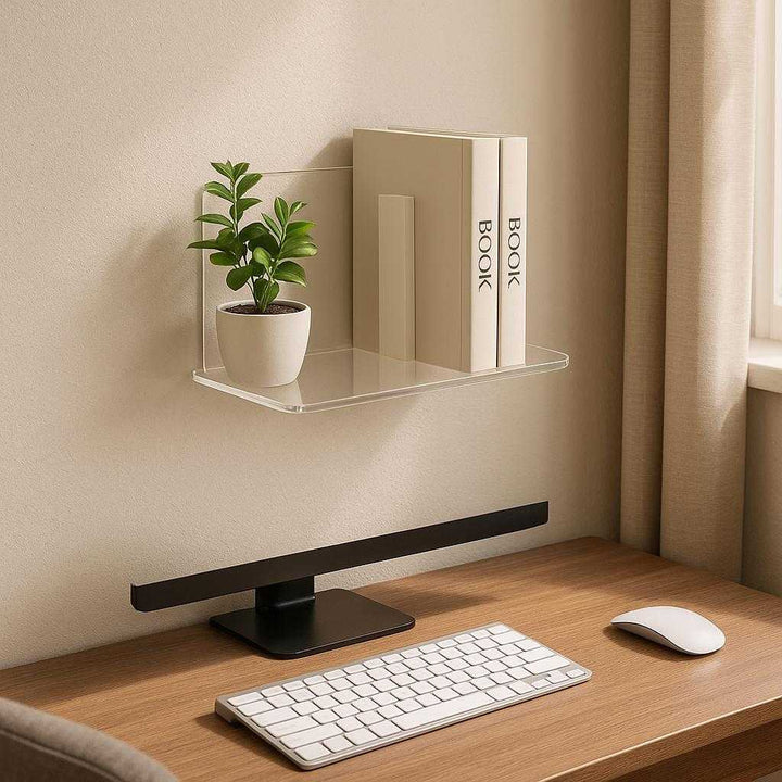 Gennemsigtige Svævehylder i Akryl - Moderne og Pladsbesparende Opbevaringsløsning: A realistic modern home office setting where the transparent acrylic floating shelf is properly mounted on a wall above a sleek wooden desk.
