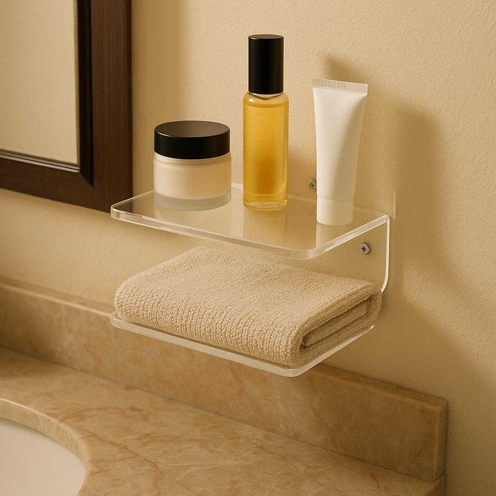 Gennemsigtige Svævehylder i Akryl - Moderne og Pladsbesparende Opbevaringsløsning: A different realistic bathroom environment where the acrylic floating shelf is securely positioned near a mirror, holding small beauty products and a folded hand towel.