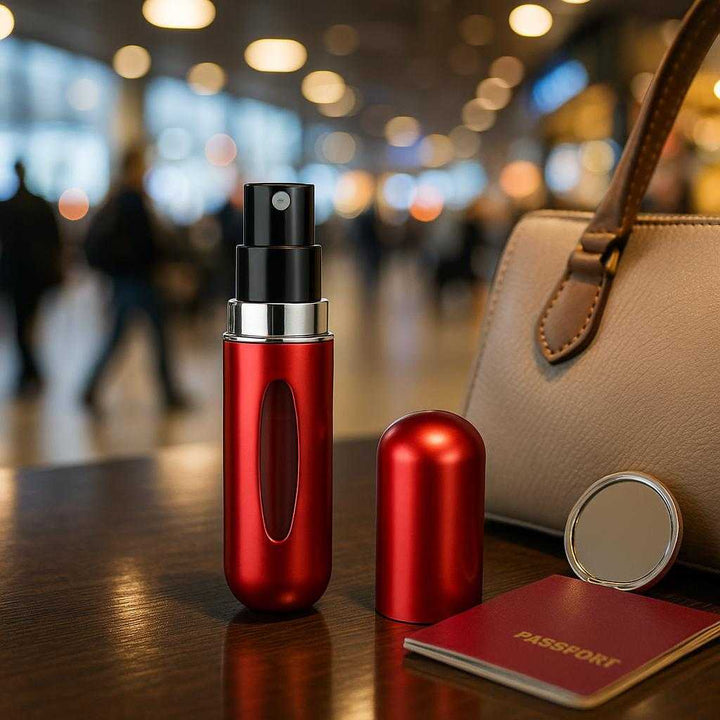 Genopfyldelig Parfumespray i Moderne Design - Tilgængelig i 7 Farver. A bustling airport lounge, where the Genopfyldelig Parfumespray in a bold ruby red is sitting prominently on a glossy table beside a stylish handbag. A travel-sized mirror and passport peek out of an open bag, hinting at a journey. The ambiance is vibrant and reflects the convenience and style of the product for on-the-go refreshment, highlighted by dynamic backdrop lighting and movement.