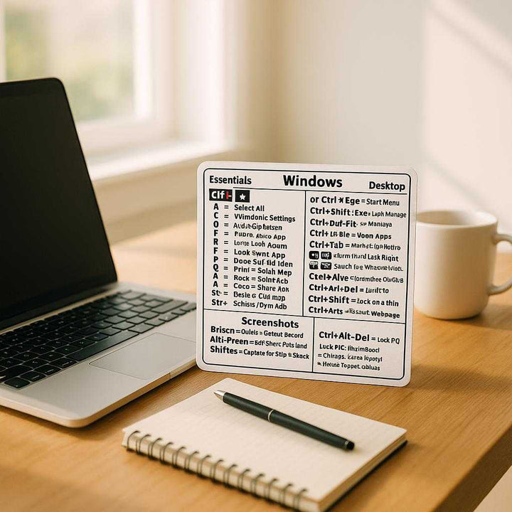 Genvejsskema til Windows Tastaturgenveje - Forbedrer Produktivitet, Nem Adgang til Genveje, Tidsbesparende: A modern home office setting where the Genvejsskema til Windows Tastaturgenveje is prominently placed next to a sleek laptop on a wooden desk.