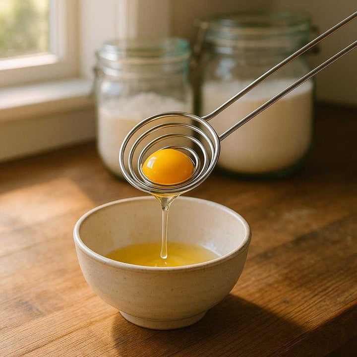 Æggeadskiller i rustfrit stål - Effektiv og holdbar til madlavning og bagning: A cozy kitchen setting with a rustic wooden countertop, where the stainless steel egg separator is elegantly placed above a ceramic bowl.