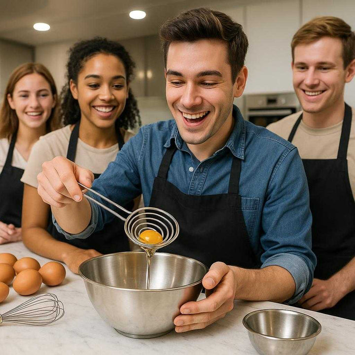 Æggeadskiller i rustfrit stål - Effektiv og holdbar til madlavning og bagning: A modern cooking class environment with a sleek marble countertop, where the stainless steel egg separator is in action among a group of students.
