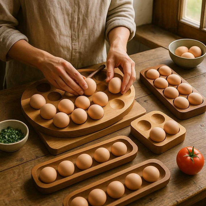 Æggebakke i Træ - Organiseret Opbevaring, Æstetisk Præsentation, holdbar - 4-huls, 6-huls, 12-huls: A realistic farmhouse kitchen where the product is properly grounded on a rustic wooden countertop, being actively used by a person arranging fresh eggs into the wooden holder.