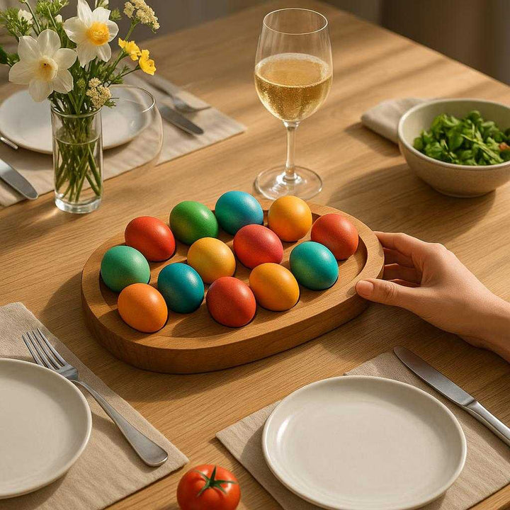 Æggebakke i Træ - Organiseret Opbevaring, Æstetisk Præsentation, holdbar - 4-huls, 6-huls, 12-huls: A different realistic brunch table setting where the product is securely positioned at the center of an elegantly set dining table.