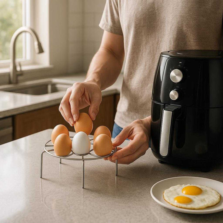 Æggeholder i Rustfrit Stål til Perfekt Tilberedning – Avanceret Airfryer Tilbehør til Hverdagsbrug: A realistic modern kitchen where the egg holder is properly grounded on a sleek countertop next to an air fryer, being actively used by a person preparing breakfast.