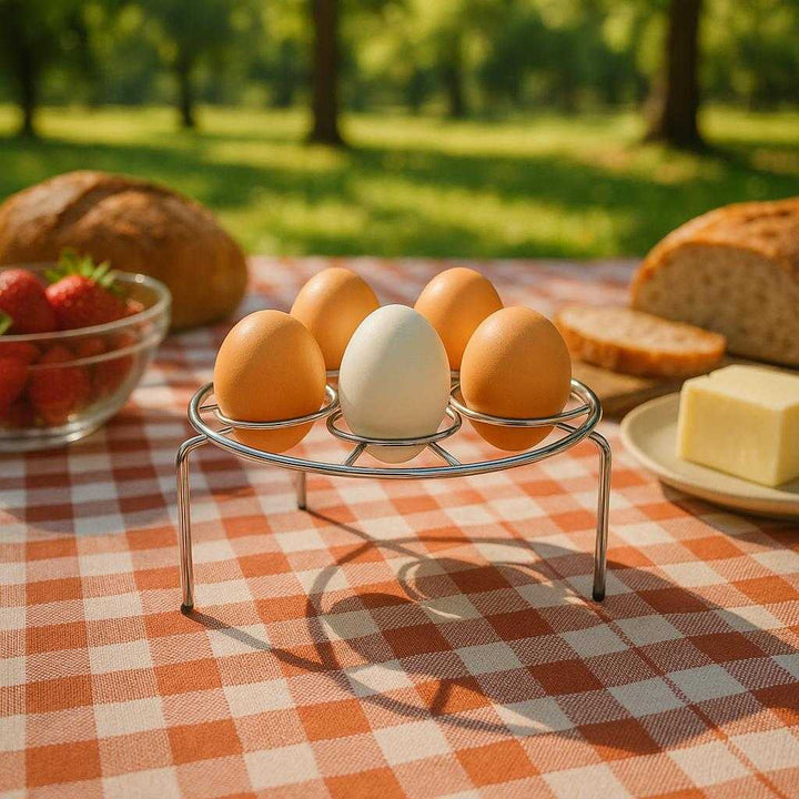 Æggeholder i Rustfrit Stål til Perfekt Tilberedning – Avanceret Airfryer Tilbehør til Hverdagsbrug: A different realistic picnic setting where the egg holder is securely positioned on a checkered picnic tablecloth, surrounded by an assortment of breakfast items like fresh bread, butter, and fruit in a park environment.