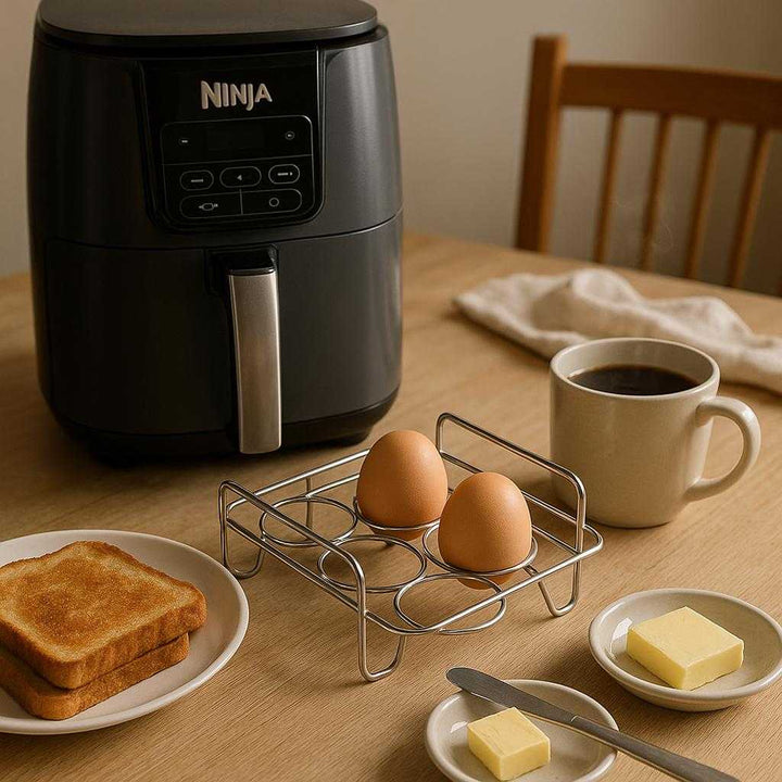 Æggeholder til Ninja Airfryer - Professionel Metal Design, Høj Kvalitet til Perfekt Æg Tilberedning: A different realistic breakfast setting on a dining table where the Æggeholder til Ninja Airfryer is securely positioned next to a Ninja Airfryer, naturally placed with freshly cooked eggs still in the holder.