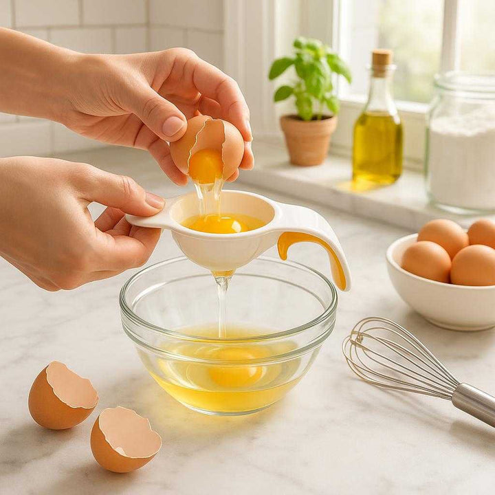 Æggeskiller i hvid og orange plast - Moderne og praktisk køkkenredskab til nem adskillelse af æg: A bright, modern kitchen setting, where the egg separator in white and orange plastic is securely positioned over a glass bowl on a marble countertop.