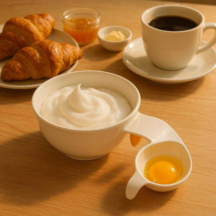 Æggeskiller i hvid og orange plast - Moderne og praktisk køkkenredskab til nem adskillelse af æg: A cozy brunch table setup, where the egg separator is displayed next to a mixing bowl filled with fluffy beaten egg whites.