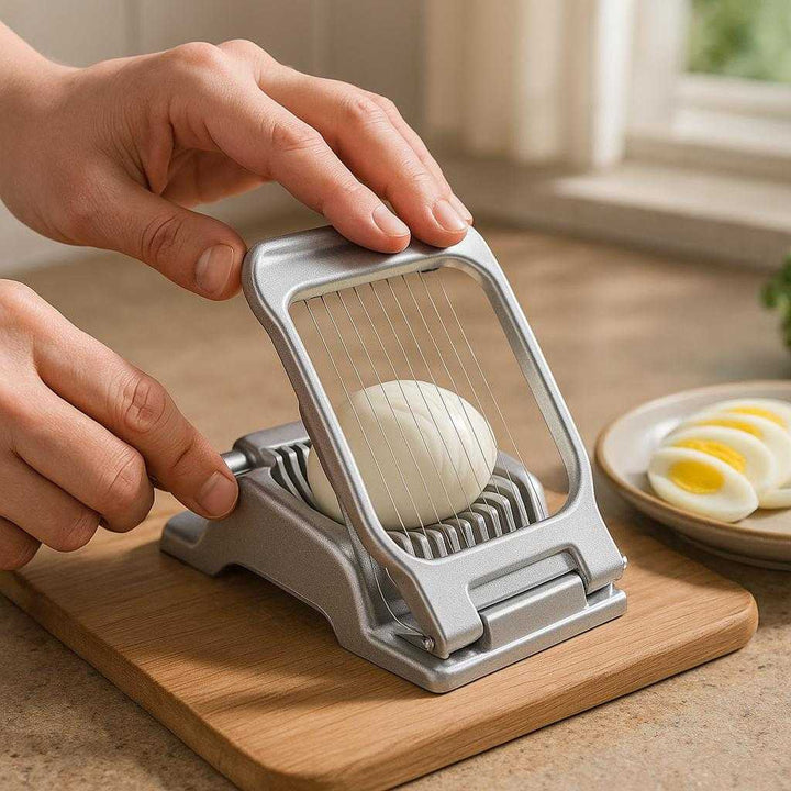 Æggeskærer i Rustfrit Stål - Skær Perfekte Skiver af Hårdkogte Æg, Bedst i Test: A realistic kitchen counter setting where the egg slicer is properly grounded on a wooden chopping board, being actively used by a person's hands to slice a hard-boiled egg.