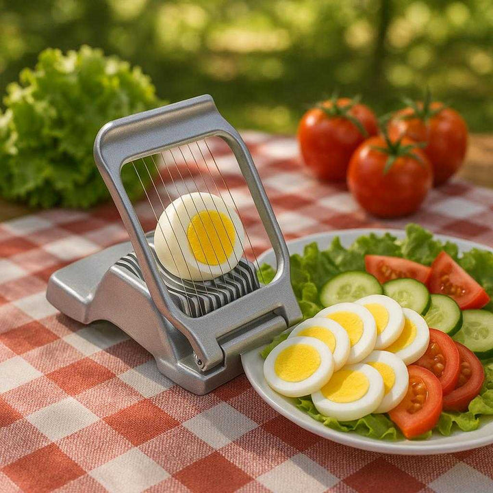 Æggeskærer i Rustfrit Stål - Skær Perfekte Skiver af Hårdkogte Æg, Bedst i Test: A different realistic picnic table setting where the egg slicer is securely positioned on a checkered tablecloth, being naturally placed beside a variety of fresh salad ingredients.