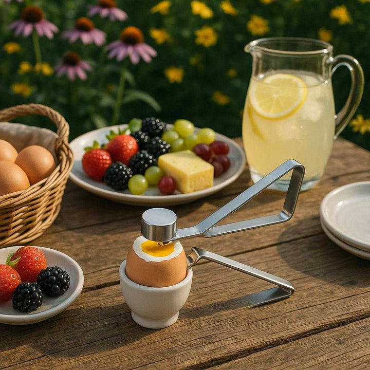 Æggetopper i rustfrit stål - Præcise snit til perfekte morgenæg: An outdoor brunch scene on a rustic wooden picnic table surrounded by blooming flowers.