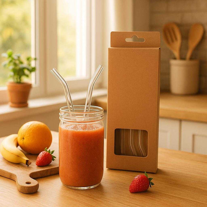 Glas sugerør sæt - Genanvendelig og miljøvenlig løsning i klar glas. A cozy kitchen setting, where the glass straws are elegantly placed in a rustic clear glass filled with a vibrant, freshly made smoothie. Bright morning light filters through a kitchen window, highlighting the clarity and eco-friendly design of the straws. Nearby, fresh fruits and a wooden cutting board enhance the natural and sustainable vibe, making the setting feel warm and inviting.