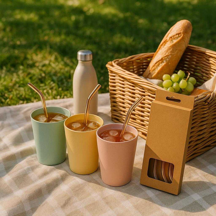 Glas sugerør sæt - Genanvendelig og miljøvenlig løsning i klar glas. An outdoor picnic scene, where the glass straws are shown immersed in colorful, eco-friendly cups filled with refreshing iced beverages. The scene is set on a picnic blanket laid out on lush green grass under dappled sunlight filtering through tree leaves. A basket with snacks and a reusable water bottle sit nearby, creating a perfect, eco-conscious picnicking atmosphere.