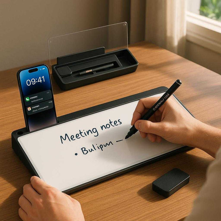 Glasbord med Plastik og metal - Sortering, Hvid, Grå - Holder Skrivebordet Ryddeligt: A realistic modern home office setting where the glass board with plastic and metal is properly grounded on a sleek wooden desk, being actively used by a person jotting down notes with a marker.