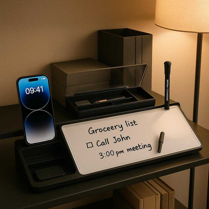 Glasbord med Plastik og metal - Sortering, Hvid, Grå - Holder Skrivebordet Ryddeligt: A different realistic study room where the glass board is securely positioned on a minimalist metal shelf, being naturally placed alongside other office organizers and stationary.