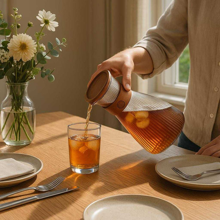 Glaskaraffel med Trædetaljer, Låg og Rillet Design – Høj Kvalitet til Stilfuld Servering: A realistic dining room setting where the Glaskaraffel med Trædetaljer is properly grounded on a wooden dinner table.