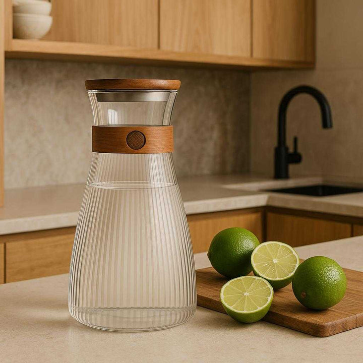Glaskaraffel med Trædetaljer, Låg og Rillet Design – Høj Kvalitet til Stilfuld Servering. In a modern kitchen with natural wood and stone elements, the decorative glass carafe rests on a counter beside fresh limes and a cutting board, highlighting its aesthetic appeal.