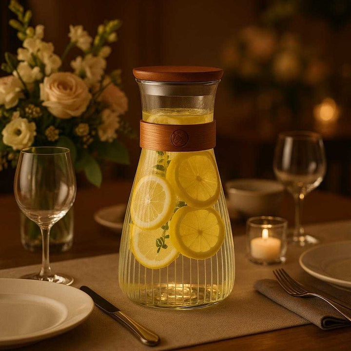 Glaskaraffel med Trædetaljer, Låg og Rillet Design – Høj Kvalitet til Stilfuld Servering. The stylish glass carafe with wooden details is filled with refreshing lemon water, set on an elegant dinner table surrounded by fine dining ware and flowers under soft, ambient lighting.