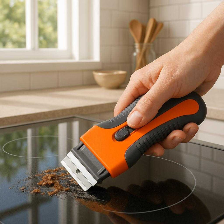 Glasskraber i Moderne Design - Orange eller Gul - Ergonomisk Plast: A realistic kitchen scene where the glass scraper is properly grounded on a countertop, being actively used by a person to clean a glass stovetop.