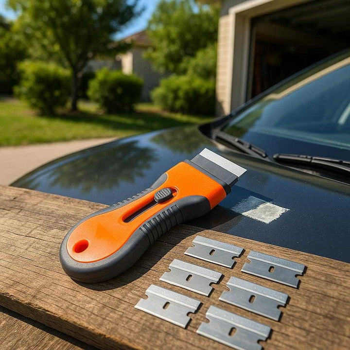 Glasskraber med Udskiftelige Klinger - Ergonomisk Håndtag i Orange og Gul. An outdoor workspace on a bright day, where the glass scraper is used to clean a stubborn sticker from a car windshield. The tool lies on a workbench next to a set of extra blades, emphasizing its versatility and preparedness for various tasks. Natural light casts soft shadows, and an open garage in the background suggests a DIY enthusiast’s environment, highlighting the tool's role in automotive care and maintenance.