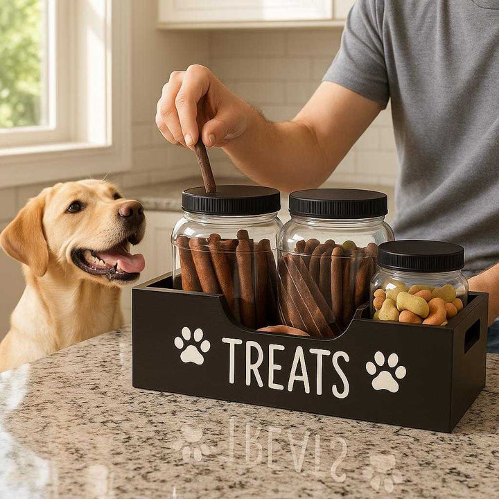 Godbid holder i sort træ og plastik - Organisering og 'Moisture protection' = 'fugtbeskyttelse': A realistic kitchen counter setting where the product is properly grounded on a granite countertop, being naturally placed by a person reaching for a treat to give to a happy dog sitting beside them.