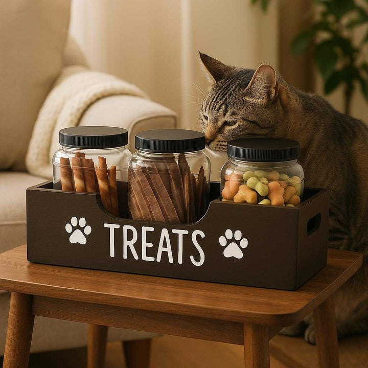 Godbid holder i sort træ og plastik - Organisering og 'Moisture protection' = 'fugtbeskyttelse': A different realistic living room setting where the product is securely positioned on a wooden side table, being used as an organized storage for pet treats.