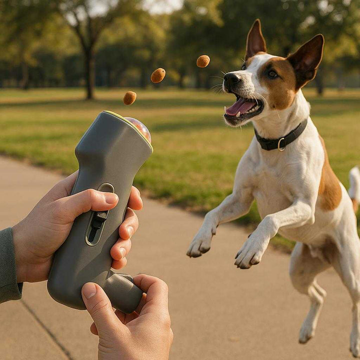 Godbidskaster til Hunde - Avanceret Træning og Leg Med Ergonomisk Design og Høj Kvalitet: A realistic park setting where the product is properly grounded in the hands of a person, being actively used to launch treats for a playful dog.