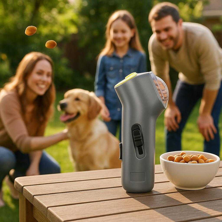 Godbidskaster til Hunde - Avanceret Træning og Leg Med Ergonomisk Design og Høj Kvalitet: A different realistic backyard setting where the product is securely positioned on a table, surrounded by a happy family playing with their dog.