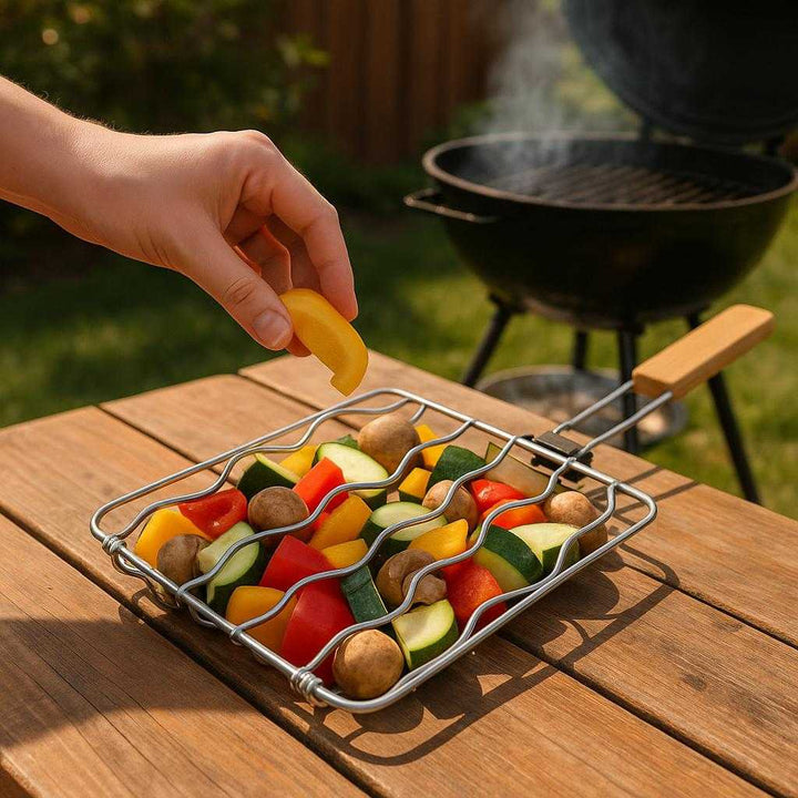 Grillkurv i Cylinderform til Perfekt Grøntsagsgrillning, Rustfrit Stål & Trædesign: A realistic backyard barbecue setting where the product is properly grounded on a wooden picnic table, being filled with an assortment of colorful vegetables like bell peppers, zucchini, and mushrooms.