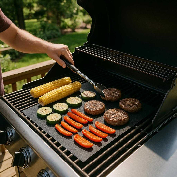 Grillmåtte Teflon Nonstick for Perfekt Grillning - Professionel Madlavning og Nem Rengøring: A realistic backyard barbecue setting where the grill mat is properly grounded on a clean metal grill grate, being actively used by a person cooking vegetables and meats, with natural sunlight casting realistic shadows and showing clear contact points where the mat touches the grill.