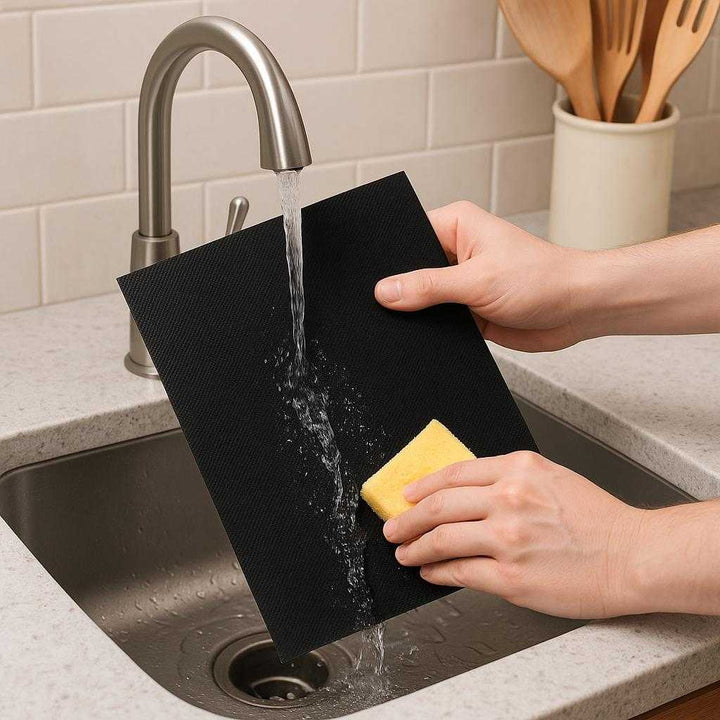 Grillmåtte Teflon Nonstick for Perfekt Grillning - Professionel Madlavning og Nem Rengøring: A different realistic kitchen setting where the grill mat is securely positioned on a countertop, being cleaned effortlessly under a running water faucet, with proper physics, shadows, and realistic integration into the kitchen environment, highlighting easy maintenance.