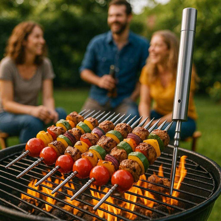 Grillspyd i Rustfrit Stål med Professionel Kvalitet og Moderne Design til Grillfest. A lively backyard barbecue features the sleek stainless steel grilling skewers loaded with colorful vegetables and juicy meats over a flaming grill, with friends chatting and laughing in the background.