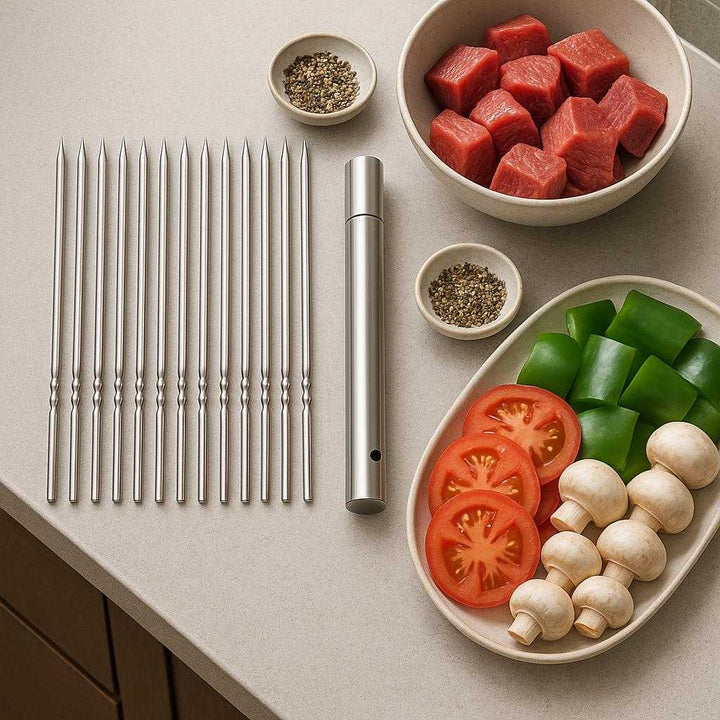 Grillspyd i Rustfrit Stål med Professionel Kvalitet og Moderne Design til Grillfest. A modern kitchen countertop displays the stainless steel skewers elegantly arranged next to freshly prepared ingredients, ready for a gourmet grilling session.