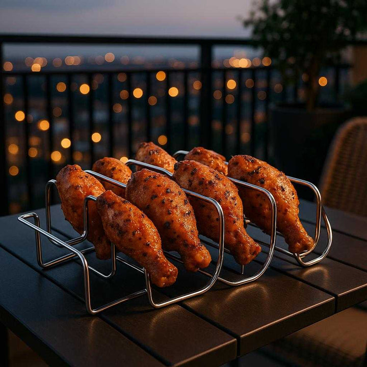 Grillstativ i Rustfrit Stål til Bål, Altan og Kylling - Professionel Høj Kvalitet. The professional stainless steel grill rack is displayed on a stylish balcony setup, holding marinated chicken pieces, with city lights twinkling in the background at dusk.