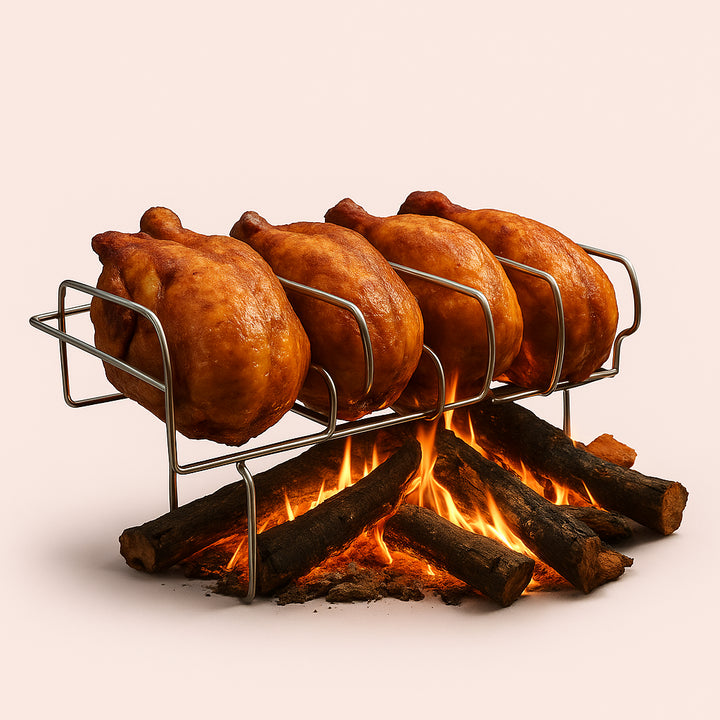 Enhanced Grillstativ i Rustfrit Stål til Bål, Altan og Kylling - Professionel Høj Kvalitet. The stainless steel grill rack holds several golden-brown, perfectly roasted chickens over a roaring campfire, surrounded by a group of friends enjoying a picnic in the forest.