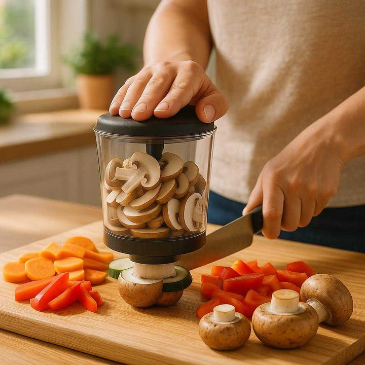 Grøntsags skærer i plastik og metal - Hurtig hakning, Ensartede skiver, Let at bruge - Skær og Kop - Høj kvalitet: A realistic kitchen setting where the product is properly grounded on a wooden cutting board, being actively used by a person slicing various colorful vegetables.