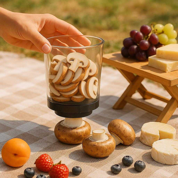 Grøntsags skærer i plastik og metal - Hurtig hakning, Ensartede skiver, Let at bruge - Skær og Kop - Høj kvalitet: A different realistic picnic setting where the product is securely positioned on a picnic blanket, surrounded by a spread of fresh fruits and cheeses.