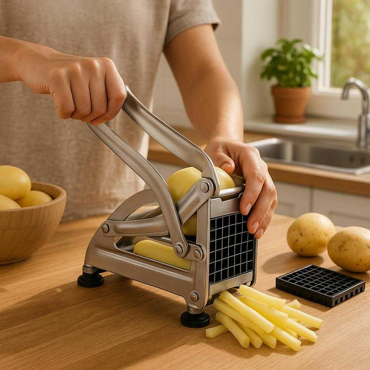 Grøntsagshakker i Rustfrit Stål med Sugekopper - Professionel og Avanceret Design til Effektiv Madlavning: A realistic modern kitchen setting where the Grøntsagshakker i Rustfrit Stål is properly grounded on a wooden kitchen counter, being actively used by a person to cut fresh potatoes.