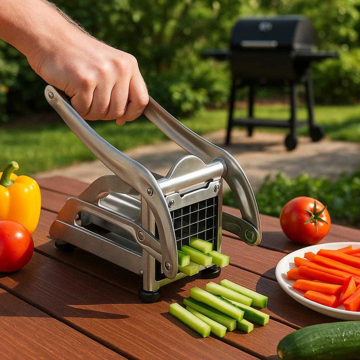 Grøntsagshakker i Rustfrit Stål med Sugekopper - Professionel og Avanceret Design til Effektiv Madlavning: A different realistic setting in an outdoor barbecue area where the Grøntsagshakker i Rustfrit Stål is securely positioned on a picnic table, being used to prepare fresh vegetable snacks for a summer gathering.