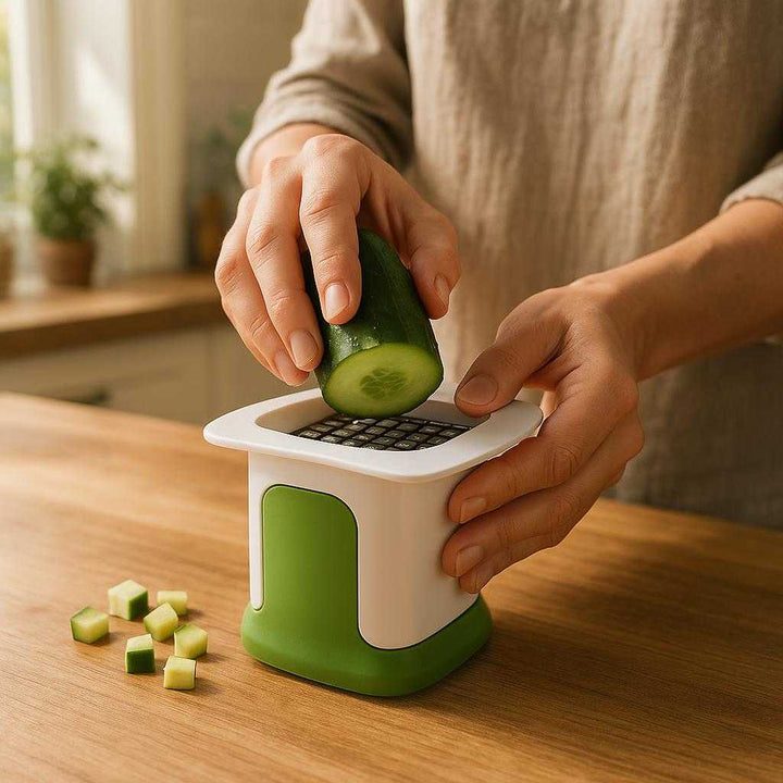 Grøntsagshakker med Opsamler i Hvidt og Grønt Design – Kompakt og Effektiv til Madlavning: A realistic kitchen setting where the product is properly grounded on a wooden kitchen counter, being actively used by a person slicing a cucumber into small cubes.