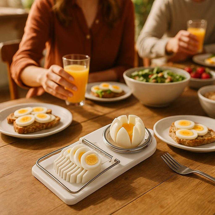 Ægskærer i robust plast og metal - Skærer æg i ensartede skiver, let at bruge, tidsbesparende, moderne design. Set in a sunlit brunch setting on a rustic dining table, the egg slicer gleams as part of a delightful spread, serving perfectly sliced eggs atop artisanal bread, surrounded by cheerful friends enjoying a leisurely meal.