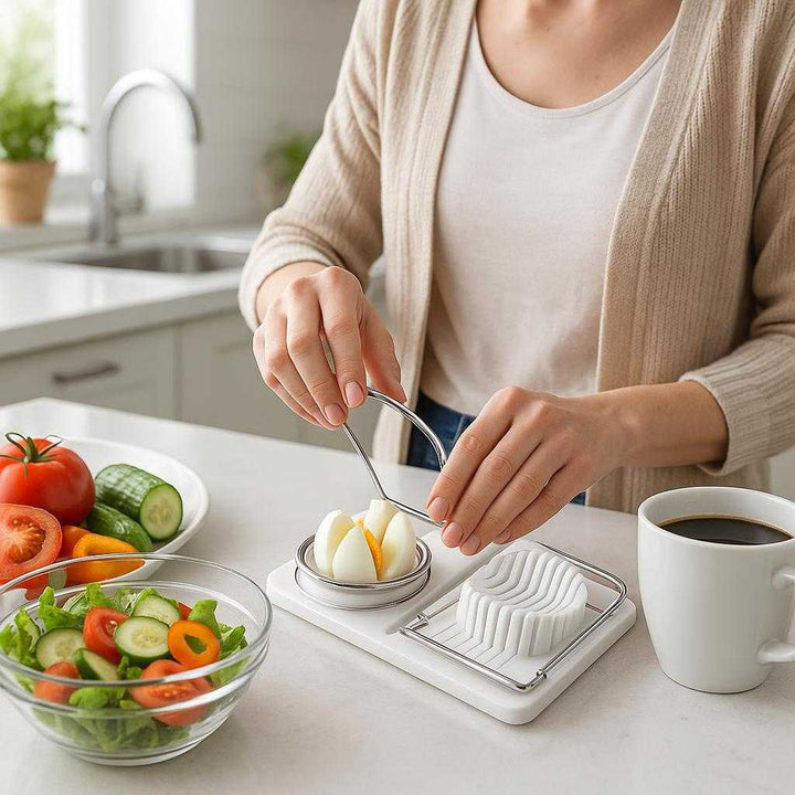 Ægskærer i robust plast og metal - Skærer æg i ensartede skiver, let at bruge, tidsbesparende, moderne design. The egg slicer is showcased on a sleek kitchen counter with a bright morning ambiance, where a homemaker swiftly slices boiled eggs for a fresh salad alongside colorful vegetables and a steaming cup of coffee.