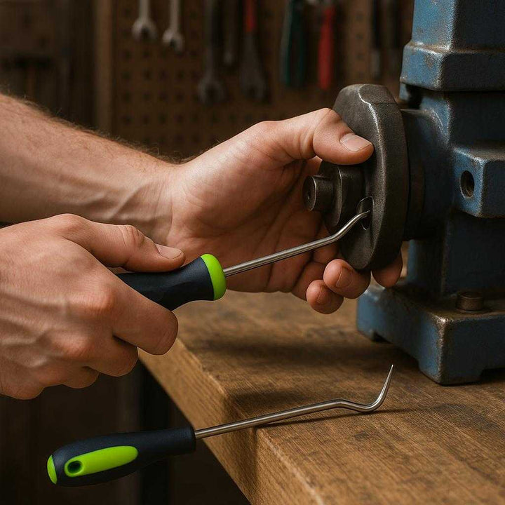 Hakkejern - Sort og Grøn, Ergonomisk Greb, Lang Krog, Holdbart Metal og Plast: A realistic garage workshop setting where the product is properly grounded on a sturdy wooden workbench, being actively used by a person's hands to adjust a piece of machinery.
