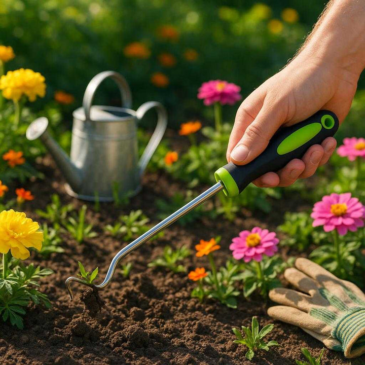 Hakkejern med ergonomisk greb og lang krog - Ideel til hus og have, tilgængelig i sort og grøn. A sunny garden setting, where the hakkejern with its ergonomic black and green handle is being adeptly used by a gardener to remove weeds between delicate flower beds. The lush greens and colorful blooms surround the scene, while soft sunlight casts natural shadows. Soil clumps detail the recently tilled earth, and nearby, a small watering can and gardening gloves suggest ongoing care and cultivation.