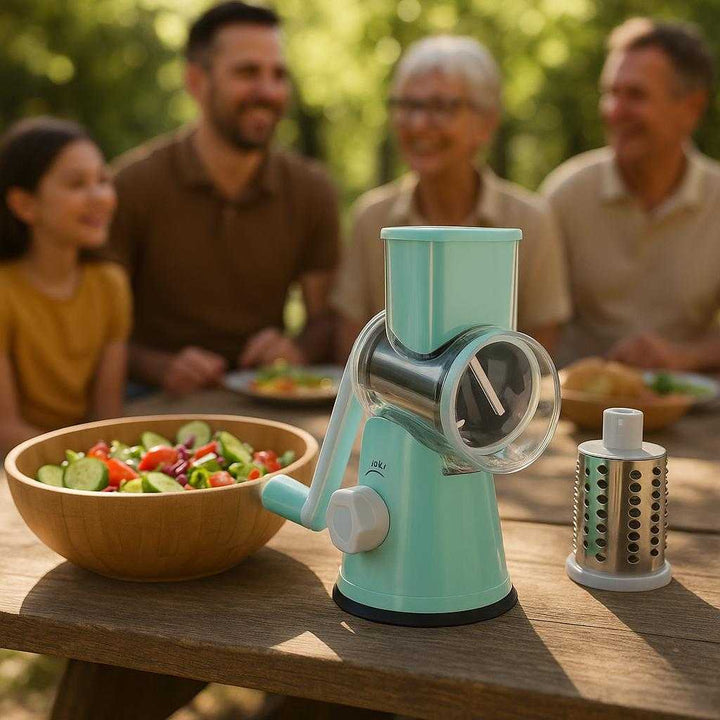 Hakker med Træksnor - Effektiv Grøntsagshakker til Køkkenet - Tilgængelig i Blå, Grøn og Rød: A different realistic dining environment where the vegetable chopper is securely positioned on a picnic table during an outdoor family gathering.