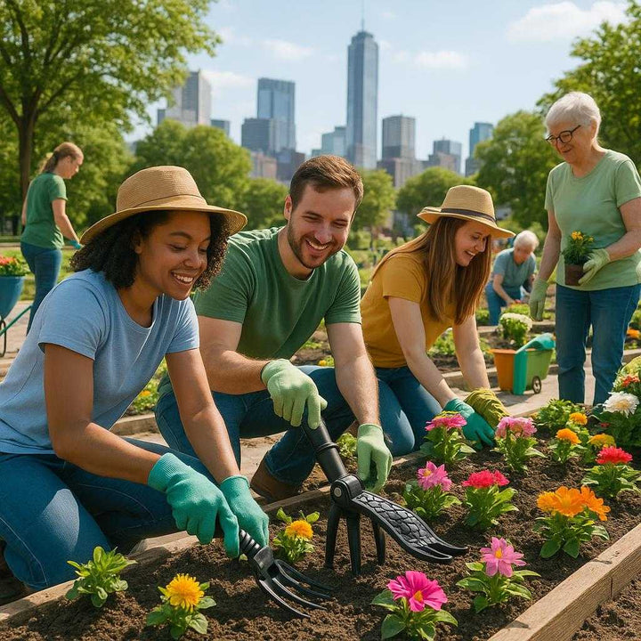 Hakkesæt med kløer – Ergonomisk design og effektivt til havearbejde, Sort ABS-plast. A bustling community gardening event in a sunny urban environment, showcasing the Hakkesæt med kløer in use. The tool is being shared amongst enthusiastic volunteers who are planting a variety of flowers in neatly arranged garden beds. The background features a city skyline and colorful garden carts filled with plants and seeds, exuding a sense of community spirit and green urban living.