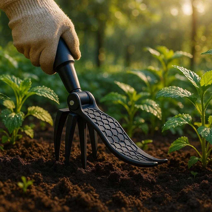 Hakkesæt med kløer – Ergonomisk design og effektivt til havearbejde, Sort ABS-plast. A lush garden setting during early morning light, where the Hakkesæt med kløer is prominently featured amidst rich, fertile soil. The tool is being used by a gardener wearing comfortable gloves, digging effortlessly into the earth to aerate the soil around vibrant green plants. Morning dew glistens on the leaves, with soft sunlight filtering through trees, creating an inviting and tranquil atmosphere.
