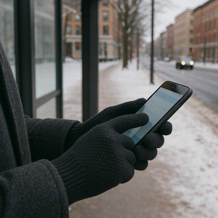 Handsker til Mænd med Touch Funktion - Sort Design, Komfort & Fleksibilitet i Høj Kvalitet: A realistic winter cityscape where the gloves are properly grounded on a man's hands, using a smartphone while standing at a bus stop.